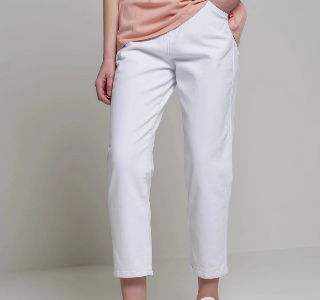 Ladies White Color Twill Pants Straight Leg High Rise Cotton and Elastane Women′ S Trousers