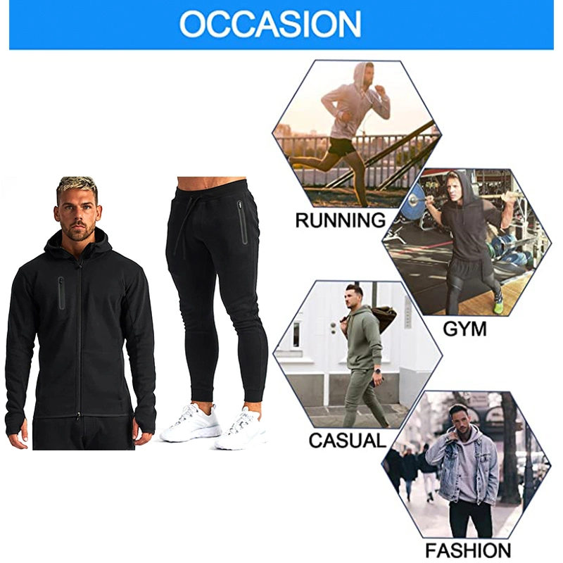 Mens Plus Size Black Sweat Jogging Suits Sports Gym Wear, Custom Street Apparel Casual Hooded Zipper Jacket + Jogger Pants Tracksuits for Men and Women