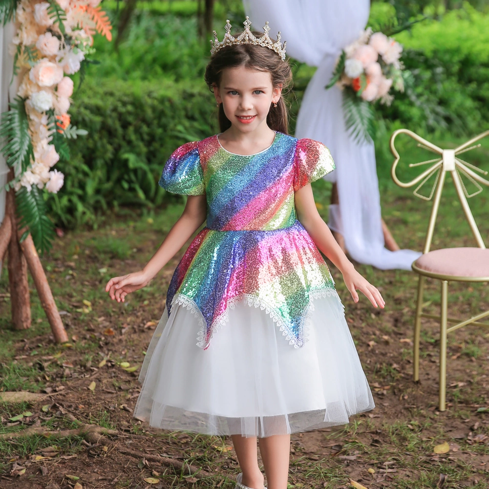 Kids Designer Clothes Shiny Baby Rainbow Clothing Short Sleeve Little Girl Party Wear Dress