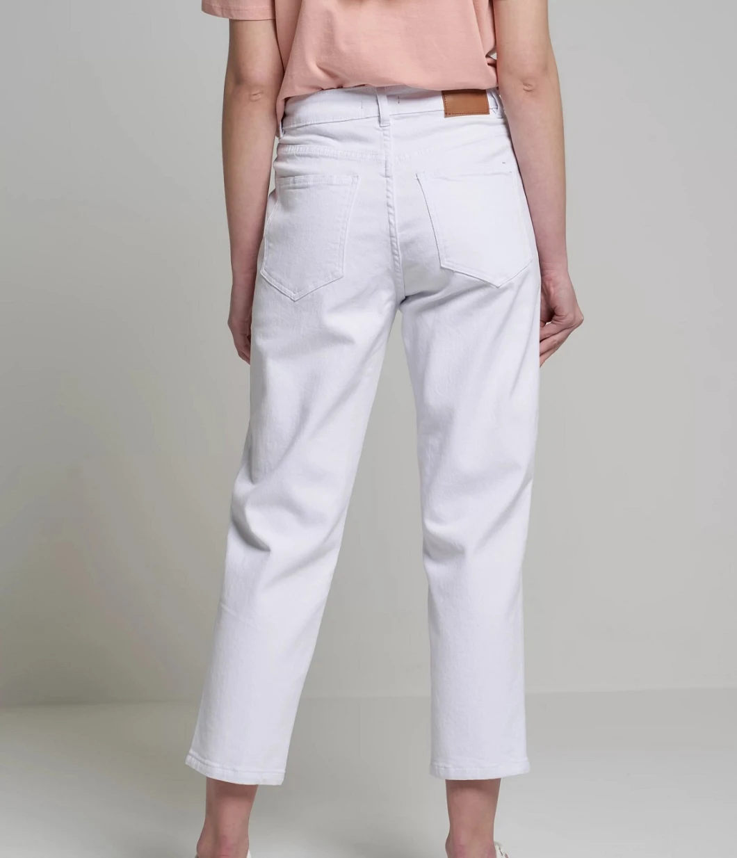 Ladies White Color Twill Pants Straight Leg High Rise Cotton and Elastane Women′ S Trousers